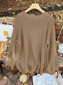 Firerie Plus Size Loose Knit Sweater With Hollow Bow Knot Decor, Plus Size Cute Fall Pullover In Beige Brown Sweater Brown Long Sleeve Top/Winter - Khaki - View 2