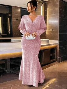 Cravure 闪亮水钻装饰腰部美人鱼连衣裙，优雅时尚，适合派对长款女装 - 粉色 - 查看 4