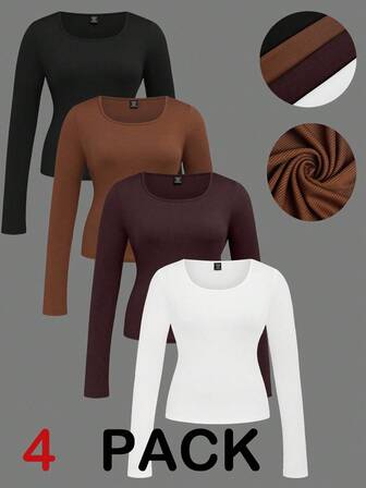 SHEIN CURVE+ Damen Große Größen Einfarbiges Figurbetontes Langarm T-Shirt, Seidiger Stoff