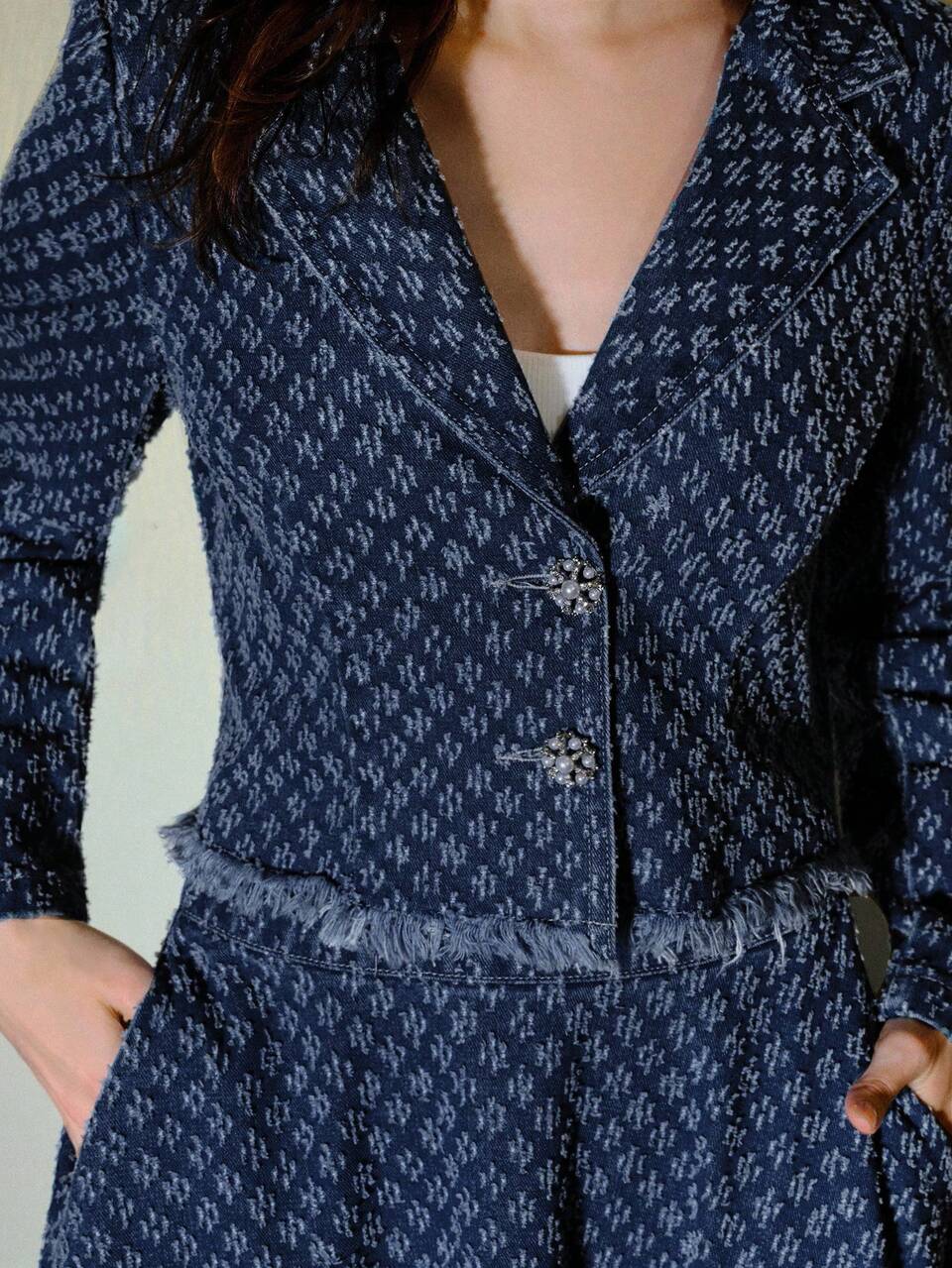MOTF JACQUARD RAW HEM DENIM JACKET AND DENIM SKIRT SET, AUTUMN/WINTER