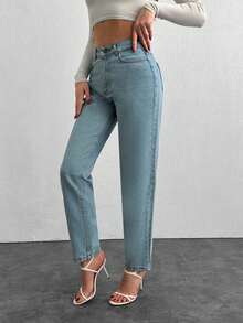 Cottnline Quần jean ống suông cho mẹ bầu 100% cotton - Rửa nhẹ - Xem 6