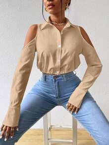 Zolique Solid Textured Button Front Cold-Shoulder Collar Blouse Women Shirt - Khaki - View 4