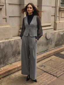 DAZY 2 件套女士人字纹羊毛 V 领无袖背心夹克和阔腿裤休闲套装，秋冬 - 灰色 - 查看 4