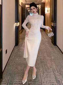 DAZY 女式高领修身毛衣裙，秋冬款 - 米色 - 查看 6