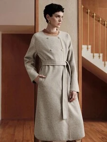 Uhlyne 金属扣环腰带圆领简约欧美风夹克，秋冬新款 - 淺灰色 - 查看 7