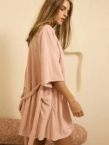 Aralina Christmas Thanksgiving Holiday Line Sleepwear Fall Winter Cute Soft Cosy Fleece Terry Textured Fabric Elbow Sleep Robe With Blanket Stitch Edge Detail, Fluffy, Perfect For Holiday Stay At Home Cosy - Pink - View 4
