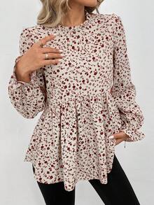 SHEIN LUNE 立领荷叶边泡泡袖 A 字休闲通勤优雅户外浪漫度假碎花长袖女式衬衫，秋冬长袖碎花上衣红色碎花上衣女式碎花上衣碎花上衣女式长袖连衣裙 - 紅色 - 查看 4