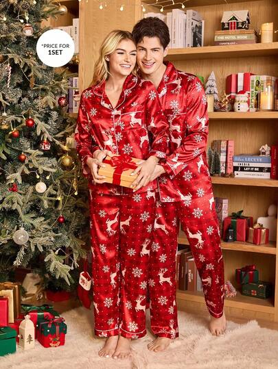 Manfinity Men's Collared Button-Down Faux Silk Pajama Set With Heart & Letter Print Top & Pants Matching Couple Pajama Set Christmas Pj Men S Sleep Wear, Fall Winter Clothes