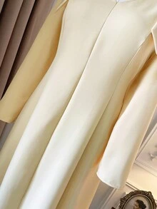 SHEIN Clasi 大码女式纯色V领长袖优雅连衣裙，带大码蝴蝶结装饰 - 黃色 - 查看 6