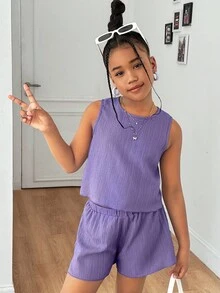 Set de 2 piezas de top de tirantes con lazo en la espalda y shorts de tela texturizada informal para niñas preadolescentes - Púrpura polvoriento - Ver 6