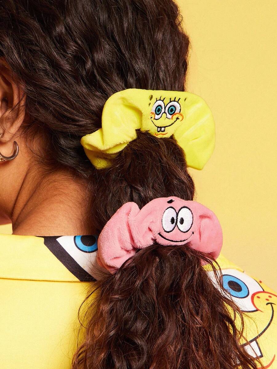 SpongeBob SquarePants | SHEIN 2Pcs Cute Embroidered Short Plush Hair Scrunchies Cartoon Large Intestine Hair Bands Elastic Hair Ties Hair Accessories For Everyday, Casual Suitable For Daily Styling High Ponytails In Yellow And Pink Patrick