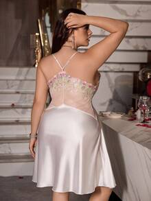SilkySpell Plus Size Women Sexy Sheer Floral Embroidery Patchwork Satin Nightgown Negligee Lingeries Night Gown Set Satin Sleepwear Lingerie Sleepwear - White - View 2