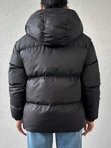 EURMUSE Zip Up Hooded Puffer Coat - Black - View 2