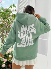 SHEIN Unity Slogan Graphic Drop Shoulder Drawstring Thermal Lined Hoodie GOOD THINGS ARE COMING - Mint Green - View 2