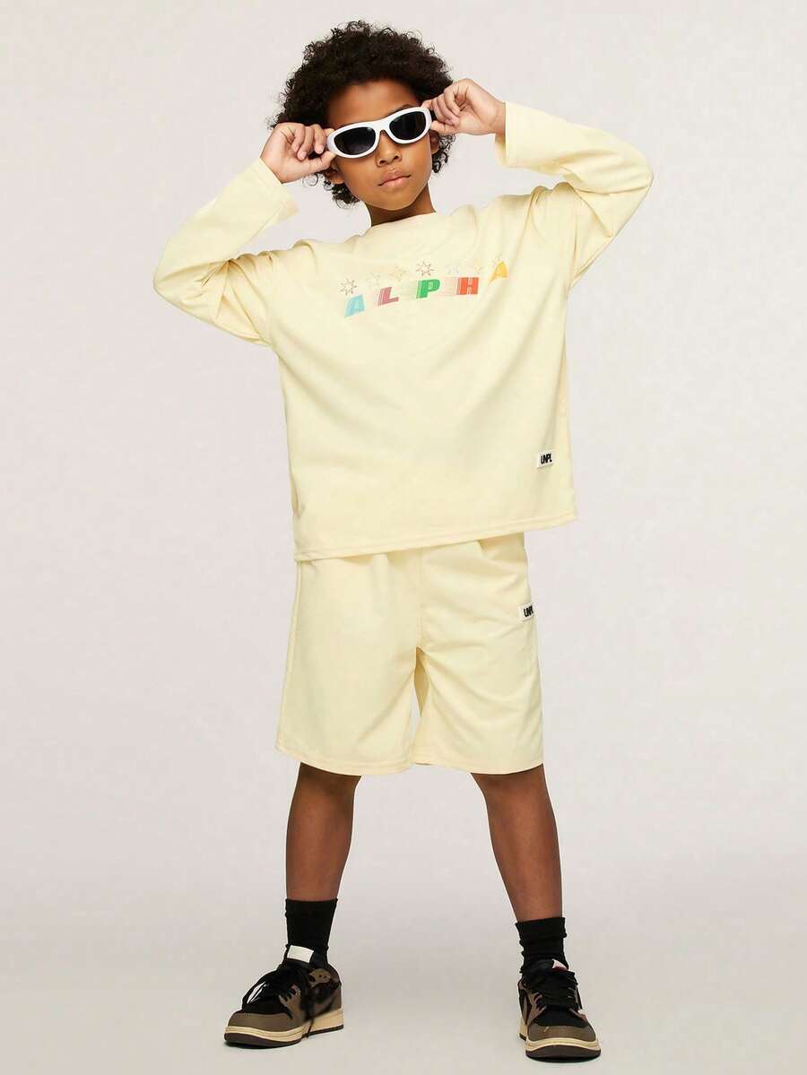 SHEIN Explorewe Bộ áo thun dài tay in hình ngôi sao ombre thời trang đường phố dành cho bé trai và quần short rộng - Màu be - Xem 1