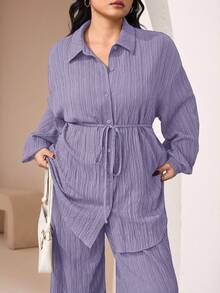 Veilorie 2 件大码纯色前扣长袖休闲衬衫和裤子套装 2 件套 - 紫色 - 查看 5