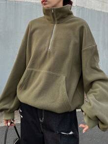 FRIFUL 女式半高领半拉链超大纹理休闲运动衫 - 綠色 - 查看 2