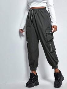 SHEIN EZwear 黑色加盖口袋抽绳工装裤