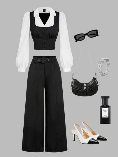 SHEIN MOD Women's Loose Casual Solid Color Mid-Waist Drawstring Wide Leg Pants