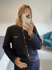 Vivie Lora 2件套女士撞色边开衫和针织裤套装 - 藏蓝色 - 查看 5