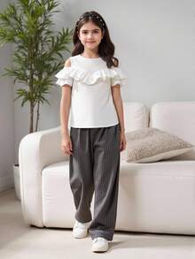 Tween Girl 纯色露肩短袖休闲上衣 - 白色 - 查看 5