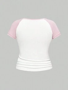 Strawberry Shortcake | ROMWE Áo thun cổ tròn tay ngắn họa tiết hoạt hình Colorblock cỡ lớn - trắng - Xem 2