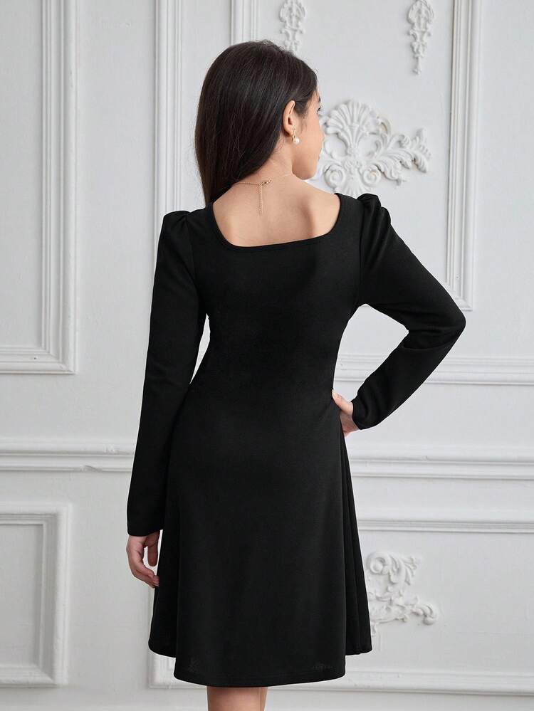 Tween Girls' Solid Color 3D Floral Knit Casual Elegant Square Neck Gigot Sleeve Dress Fall Winter