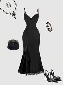 SHEIN MOD Backless Sequin Chain Plunging Neck Fitted Slit Fishtail Dress,Fall / Winter Dress,Western Wear Women,Country Concert Outfit,Old Money Style Women,Dresses For Women Party, Black Dress, Black Mermaid Dress, Black Formal Dress, Black Evening Gown