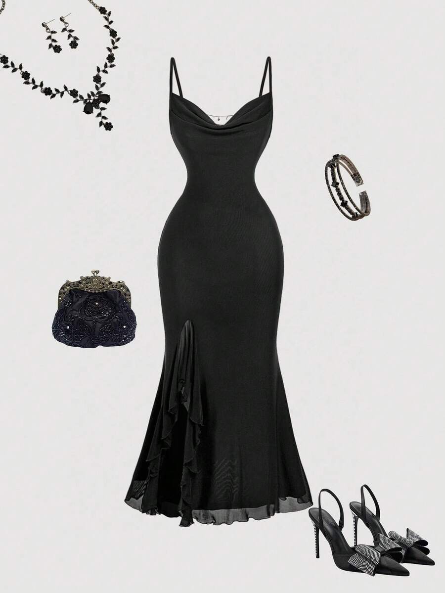 SHEIN MOD Backless Sequin Chain Plunging Neck Fitted Slit Fishtail Dress,Fall / Winter Dress,Western Wear Women,Country Concert Outfit,Old Money Style Women,Dresses For Women Party, Black Dress, Black Mermaid Dress, Black Formal Dress, Black Evening Gown