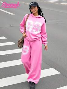 SHEIN Explorewe 2 Stücke/Set Straßen-coole Teenager Mädchen & Teenager Kalifornien Buchstaben & Nummer Grafik Hoodie Sweatshirt und gerade geschnittene Hose, geeignet für Lässig, Sport, Lässig Bekleidung im Herbst/Winter