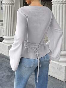 EMERY ROSE Áo sơ mi nữ cổ thuyền tay loe dài màu trơn nhún bèo thời trang đa năng - Màu Xám nhạt - Xem 2