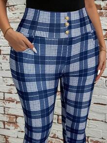 SHEIN Clasi Plus Size Fashionable Plaid Slim Fit Pants - Blue and White - View 5