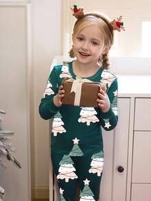 4pcs/Set Young Girl' Cute Christmas Tree & Gingerbread Man Cartoon Print Comfortable Pajama Set, Spring/Autumn - Multicolor - View 6