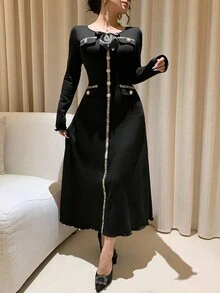 DAZY 女式圆领丝带装饰束腰蝴蝶结长款优雅针织连衣裙毛衣裙 - 黑色 - 查看 5