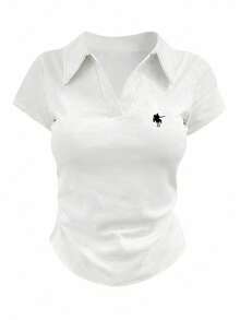 INAWLY 女款骑士印花翻领短袖褶皱休闲T恤 - 黑色 - 查看 3