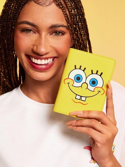 SpongeBob SquarePants | SHEIN 1pc PU Leather Cartoon Pattern Passport Holder, Fits Passport, Boarding Pass, Includes 2 Card Slots, Suitable For Men, Women, Teens, Travel