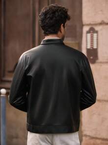 EASEVO 加大码男士休闲时尚街头风PU皮革拼接口袋拉链夹克，秋季款 - 黑色 - 查看 4