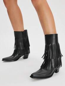 Styleloop 女士简约休闲纯色流苏装饰时尚高跟踝靴，适合万圣节、圣诞节、秋季，黑色 - 黑色 - 查看 4