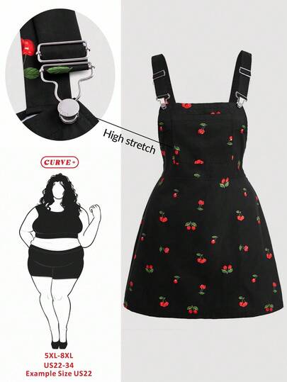 SHEIN CURVE+ Vestido de peto con bolsillo frontal y cremallera lateral con estampado de cerezas para mujeres de talla grande/ropa escolar/ropa de vuelta al colegio para mujeres de talla grande