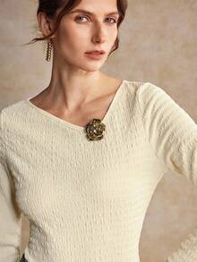 House of One Textured Knit Asymmetrical Neckline Fitted Top With Metal Flower Deco Women Autumn Elegant Wear