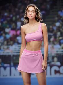 SHEIN Cheerettes Bộ đồ thể thao áo hở vai bo viền và quần váy có túi cho nữ - Hồng - Xem 4