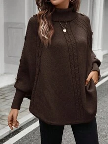 SHEIN LUNE Áo len Poncho cổ lọ tay cánh dơi cài nút trang trí viền bất đối xứng cho nữ, Áo len dệt kim màu nâu thu đông Áo len màu nâu Áo len Poncho màu nâu Áo len cổ lọ màu nâu cho nữ Áo len cài nút màu nâu - Cà phê nâu - Xem 3