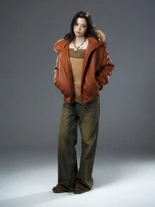 Bloopia 梅洛南瓜色复古工装风格休闲时尚个性简约女式秋冬万圣节宽松连帽 PU 皮夹克 - 橘色 - 查看 6