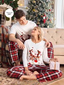 Manfinity Cartoon Christmas Reindeer Print Short Sleeve Pajama Set For Men Matching Couple Pajama Set Men Pjs Set Sleep Wear Sets Reindeer Pajama Set Christmas Pjs - Multicolor - View 1