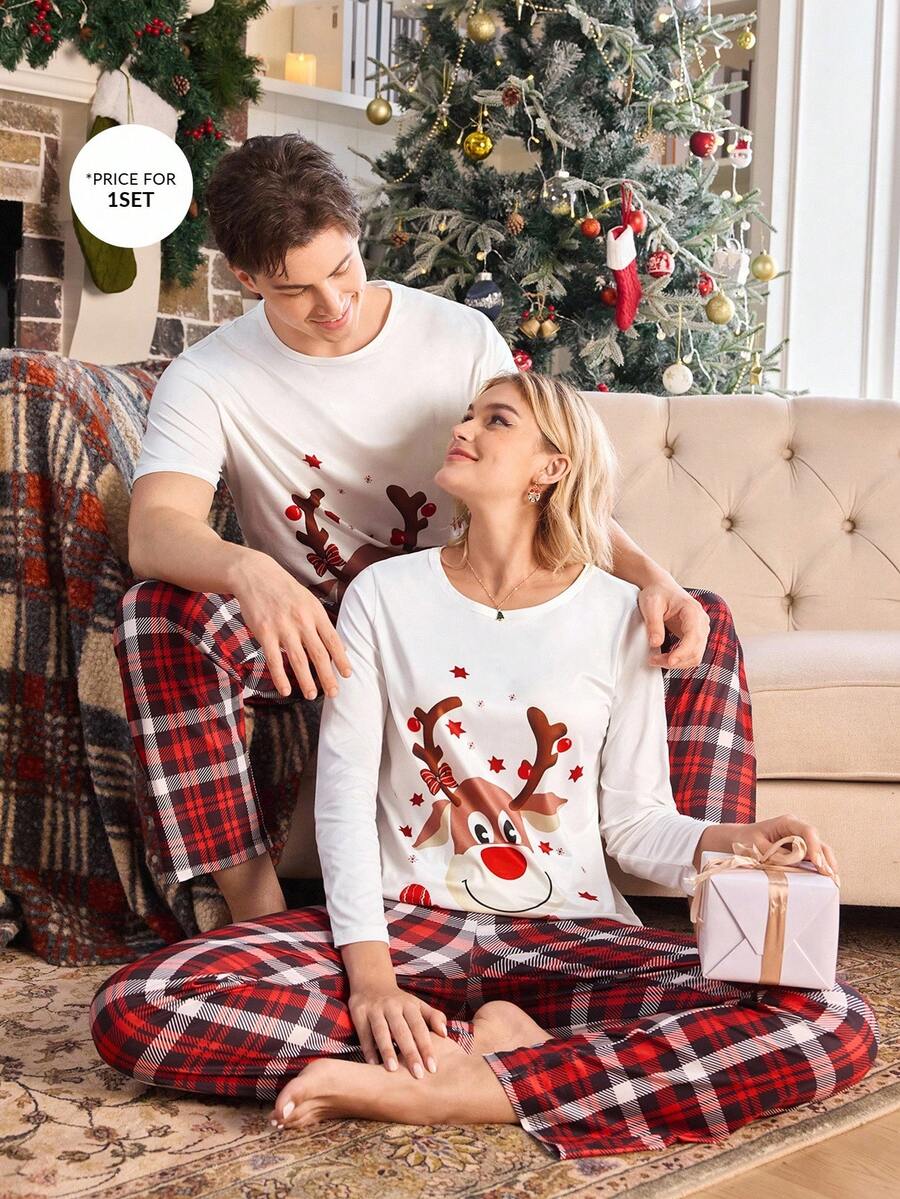 Manfinity Cartoon Christmas Reindeer Print Short Sleeve Pajama Set For Men Matching Couple Pajama Set Men Pjs Set Sleep Wear Sets Reindeer Pajama Set Christmas Pjs - Multicolor - View 1