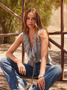 WESTFADE Ruffle V Neck Shirred Lace Up Sleeveless Fitted Chiffon Crop Top Spring, Summer, Resort Wear, Casual, Cute, Boho, Western Clothes For Women - Brown - View 3