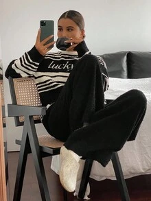 DAZY Bộ đồ ngủ dài tay dệt kim họa tiết sọc họa tiết cho nữ 2 món, đồ mặc nhà thường ngày cho mùa thu/đông, quần áo mùa thu - màu đen - Xem 7