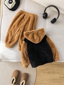 SHEIN 2 pièces/Set Bébé Garçon/Fille Décontracté Mignon Bloc de Couleur Sweat-shirt à Capuche Moelleux et Pantalon de Jogging Ensemble de Survêtement, Vêtements de Bébé Unisexe, Tenue Thermique d'Hiver pour Bébé