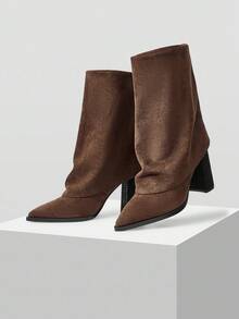 Mnmlis Women's Retro Western Style Khaki Suede Zipper Tall Boots - Brown - View 9