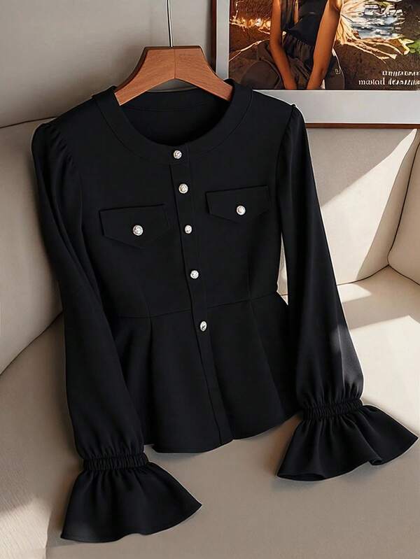 GlowEve CURVE Plus Size Women's Bestselling Mandarin Collar Elegant Blouse, Versatile For Commuting, Waist Cinching Design For Slimming Effect Fall Cloth For Women